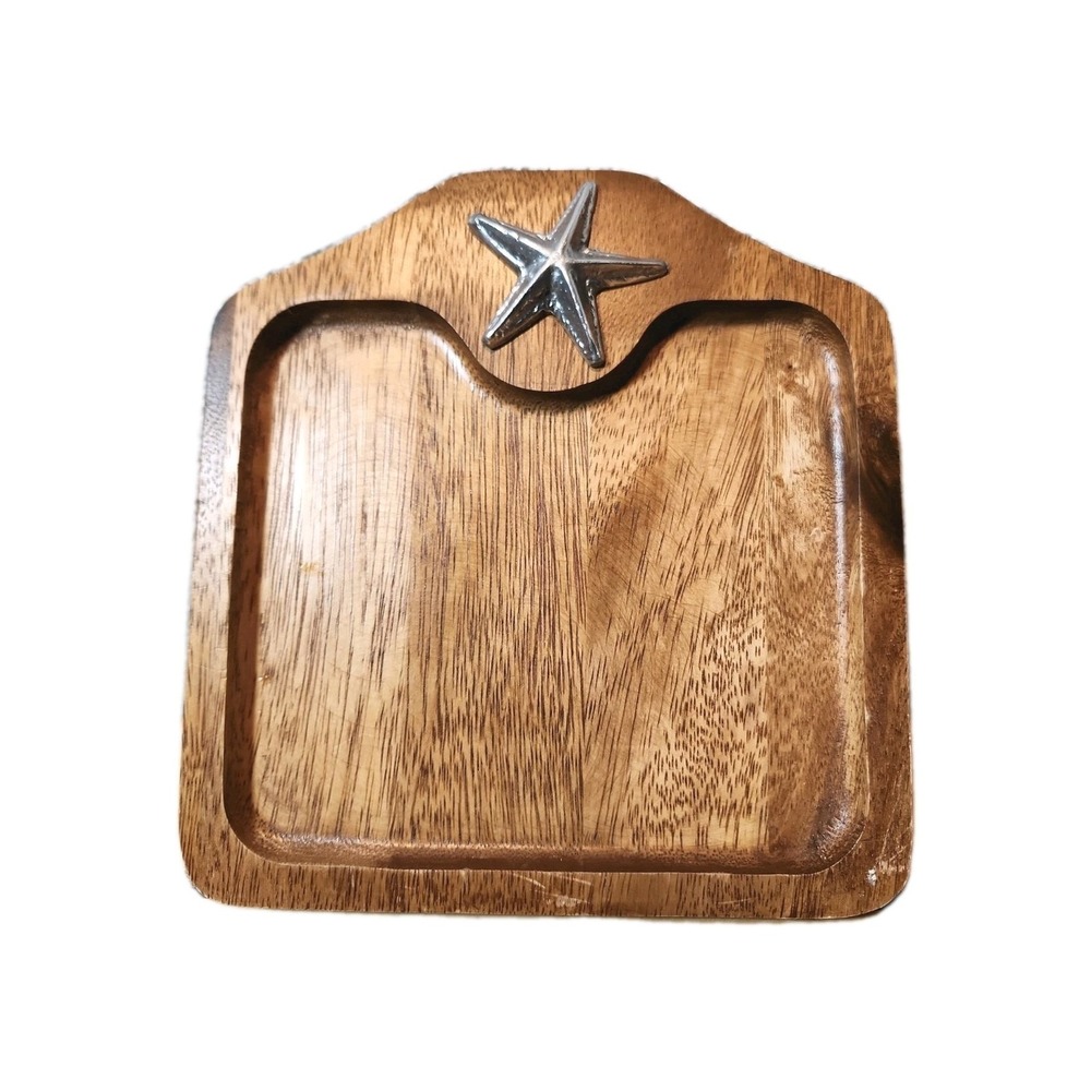 Small Wooden Tray with Silver Tone Starfish. Made In Thailand.